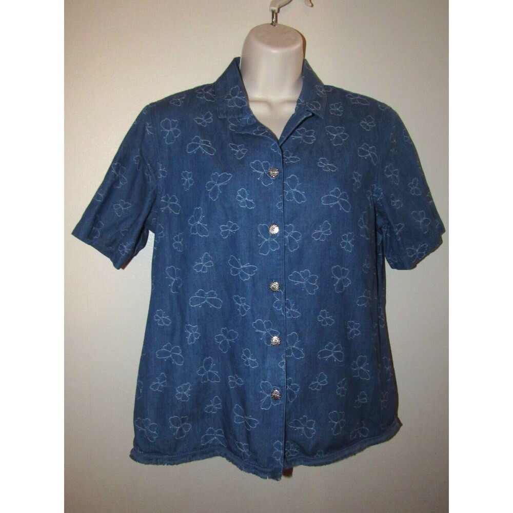 Womens 10 M Alfred Dunner Top Butterfly Blue Denim Embroidered Button Fringe Hem
